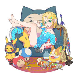 Rule 34 | 1-up mushroom, 1girl, :3, apple, apple slice, armchair, bare shoulders, barefoot, black cloak, blonde hair, blue shirt, blush, bottle, braid, breasts, chair, cleavage, cloak, closed mouth, collarbone, commentary, controller, creatures (company), crown braid, dog, english commentary, eyelashes, feet, food, forehead, fruit, game controller, game freak, gen 1 pokemon, gen 8 pokemon, green eyes, hair ornament, hairclip, highres, holding, holding controller, holding food, holding game controller, hood, hood up, hooded cloak, hylian shield, joy-con, licking, looking at viewer, mario (series), master sword, medium breasts, milk, milk bottle, mini mushroom, nintendo, nintendo switch pro controller, off shoulder, open mouth, parted bangs, pikachu, pillow, plate, pointy ears, poke ball, poke ball (basic), poke ball plus, pokemon, pokemon (creature), popsicle, princess zelda, rug, rutiwa, shield, shirt, short hair, short sleeves, sidelocks, simple background, sitting, smile, snorlax, spoon, super star (mario), stuffed toy, super mushroom, sword, the legend of zelda, the legend of zelda: breath of the wild, toes, tongue, tongue out, weapon, white background, yamper