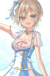 Rule 34 | 1girl, :d, anastasia (idolmaster), arm up, belt, blue eyes, bow, breasts, cleavage, collarbone, dress, gradient background, grey hair, hair ornament, hair ribbon, highres, idolmaster, idolmaster cinderella girls, jewelry, light blush, looking at viewer, medium breasts, multicolored clothes, multicolored dress, necklace, open mouth, pink bow, ribbon, ribbon trim, rum raisin (chihiromakita19), short hair, short sleeves, smile, solo, suspenders, teeth, upper body, upper teeth only