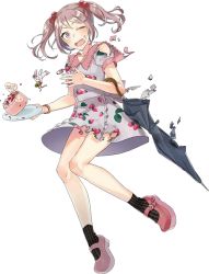 Rule 34 | 10s, 1girl, rabbit, cake, crown, dress, drew (drew213g), food, food print, full body, hair bobbles, hair ornament, jewelry, kantai collection, mary janes, necklace, official art, one eye closed, open mouth, pink eyes, pink hair, platform footwear, sazanami (kancolle), shoes, short hair, solo, strawberry print, torn clothes, transparent background, twintails, umbrella