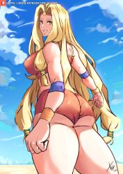 Rule 34 | ass, blonde hair, bracer, breasts, chin piercing, fate/grand order, fate (series), gem, green eyes, highres, huge ass, large breasts, long hair, looking at viewer, looking back, looking to the side, quetzalcoatl (fate), smile, thick thighs, thighs, toned, very long hair, xhaart