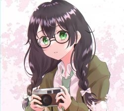 Rule 34 | black hair, blush, bow, braid, camera, cevio, cherry blossoms, collared shirt, glasses, green eyes, hair bow, hanakuma chifuyu, holding, holding camera, hood, hoodie, long hair, long sleeves, looking to the side, necktie, outdoors, parted lips, rooibos, shirt, sleeves past wrists, synthesizer v, twin braids