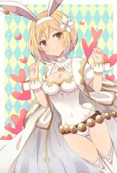 Rule 34 | 1girl, animal ears, aytsmith, blonde hair, breasts, brown eyes, cleavage, commentary request, cowboy shot, djeeta (granblue fantasy), fake animal ears, flower, granblue fantasy, hair flower, hair ornament, highleg, leotard, looking at viewer, medium breasts, rabbit ears, rabbit tail, sage (granblue fantasy), short hair, sleeve cuffs, smile, solo, tail, thighhighs, wrist cuffs