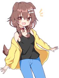 Rule 34 | 1girl, :3, \||/, alternate costume, animal collar, animal ears, black tank top, blush, bracelet, braid, brown eyes, brown hair, collar, commentary, denim, dog ears, dog girl, dog tail, fang, hair between eyes, hololive, inugami korone, jacket, jeans, jewelry, long hair, looking at viewer, low twin braids, off shoulder, outstretched arms, pants, rabiiandrain, red collar, simple background, skin fang, solo, spread arms, symbol-only commentary, tail, tank top, twin braids, virtual youtuber, white background, yellow jacket