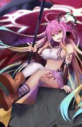 Rule 34 | 1girl, angel wings, artist name, asymmetrical legwear, black wings, breasts, commentary, spiked halo, crop top, cross, english commentary, evil smile, feathered wings, gradient hair, hair between eyes, halo, highres, holding, holding scythe, holding weapon, jibril (no game no life), k-rumi, large breasts, long hair, looking at viewer, low wings, magic circle, midriff, mismatched legwear, multicolored hair, navel, no game no life, open mouth, pink hair, scythe, sideboob, sitting, smile, solo, symbol-shaped pupils, tattoo, very long hair, weapon, wing ears, wings