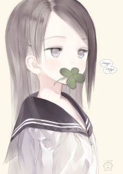 Rule 34 | 10s, 1girl, 2016, beige background, black hair, blue eyes, blush, capriccio, clover, commentary request, covered mouth, dated, eyebrows, eyelashes, flat chest, four-leaf clover, from side, hair ornament, hairclip, heart, hibanar, highres, long hair, looking away, mouth hold, no nose, original, school uniform, serafuku, signature, simple background, solo, speech bubble, upper body