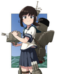 Rule 34 | 1girl, adapted turret, black eyes, black hair, blue sailor collar, blue skirt, cannon, commentary request, cowboy shot, fubuki (kancolle), highres, kantai collection, looking at viewer, low ponytail, machinery, omuraashu, pleated skirt, ponytail, sailor collar, school uniform, serafuku, short ponytail, sidelocks, skirt, smokestack, solo, standing, turret