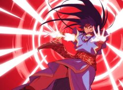 Rule 34 | 1boy, blue hair, blue robe, bright pupils, closed mouth, dark-skinned male, dark blue hair, dark skin, earrings, falling, fate/grand order, fate (series), feet out of frame, fighting stance, floating hair, glowing, glowing eyes, glowing hands, greco-roman clothes, hair between eyes, jewelry, long hair, looking at viewer, lv1na ura, male focus, official alternate costume, red background, red eyes, red sash, robe, roman clothes, romulus quirinus (fate), sash, serious, solo, very long hair