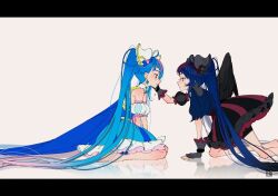 Rule 34 | 2girls, aoi tete, arm support, artist logo, barefoot, bike shorts, black dress, black shorts, black wings, blue cape, blue dress, blue eyes, blue hair, brooch, cape, corruption, cure sky, cut bangs, dark persona, detached sleeves, dress, dual persona, earrings, feathered wings, fingerless gloves, frilled dress, frills, from side, frown, gloves, gradient hair, grey background, grey gloves, half-closed eyes, hand on another&#039;s face, highres, hirogaru sky! precure, jewelry, kneeling, leaning forward, letterboxed, long hair, looking at another, magical girl, medium dress, multicolored hair, multiple girls, pink hair, precure, puffy detached sleeves, puffy sleeves, red dress, red hair, reflection, shorts, shorts under dress, single wing, sitting, sleeveless, sleeveless dress, sora harewataru, spiked pauldrons, streaked hair, tearing up, tears, two-tone dress, two-tone hair, very long hair, wariza, white dress, wing brooch, wing hair ornament, wings