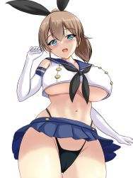 Rule 34 | 1girl, alternate costume, black hairband, black neckerchief, black panties, blue eyes, blue sailor collar, blue skirt, blush, breasts, brown hair, cosplay, elbow gloves, gloves, hair between eyes, hairband, high side ponytail, highleg, highleg panties, highres, intrepid (kancolle), kantai collection, large breasts, looking at viewer, microskirt, montemasa, navel, neckerchief, open mouth, panties, ponytail, sailor collar, shimakaze (kancolle), shimakaze (kancolle) (cosplay), short hair, simple background, skirt, smile, solo, thong, underwear, white background, white gloves