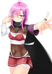 1girl, antenna hair, armpits, bandage, bandaged arm, bandages, bandeau, bangs, black cape, blush, bodystocking, breasts, cape, chuunibyou, cleavage, closed mouth, commentary request, covered navel, cowboy shot, detached sleeves, earrings, eyebrows visible through hair, eyepatch, groin, hair between eyes, hair ornament, highres, jewelry, kasumasu (tales75), looking at viewer, medical eyepatch, medium breasts, medium hair, midriff, miniskirt, mole, mole under eye, multiple rings, nail polish, original, pose, red bandeau, red nails, red skirt, sarashi, sidelocks, simple background, single detached sleeve, skirt, skull necklace, smile, solo, standing, v over eye, white background, x hair ornament