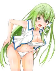Rule 34 | 1girl, :o, bad id, bad pixiv id, bandages, bent over, blush, breasts, brown eyes, cleavage, cowboy shot, frog hair ornament, green hair, grey hair, hair ornament, hair tubes, kochiya sanae, kuro75268, large breasts, leaning forward, long hair, looking at viewer, midriff, navel, open clothes, open mouth, open vest, panties, panty pull, pulled by self, sarashi, simple background, snake hair ornament, solo, standing, stomach, sweatdrop, tareme, touhou, underwear, vest, white background, white panties, white vest
