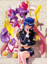 Rule 34 | 1990s (style), 2girls, blue eyes, blue hair, bow, cherry (saber j), hair over eyes, headdress, highres, kotobuki tsukasa, long hair, low-tied long hair, luchs, multiple girls, official art, open mouth, pink bow, retro artstyle, saber marionette j, short hair, sitting, thighhighs, twintails