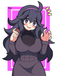 Rule 34 | 1girl, :d, @ @, absurdres, ahoge, black dress, black hair, black sweater, blush, border, cowboy shot, creatures (company), dot nose, dress, game freak, hairband, hands up, head tilt, hendra, hex maniac (pokemon), highres, holding, holding poke ball, inset border, long hair, long sleeves, looking at viewer, nintendo, notice lines, open hand, open mouth, pink background, poke ball, pokemon, pokemon xy, purple eyes, purple hairband, ribbed sweater, signature, simple background, smile, solo, sweater, turtleneck, turtleneck sweater, white border