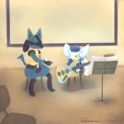 Rule 34 | 1boy, 1girl, absurdres, classroom, commentary, creatures (company), dated, english commentary, game freak, gen 4 pokemon, gen 6 pokemon, guitar, highres, instrument, lucario, meowstic, nintendo, no humans, pokemon, pokemon (creature), seavalanche, sheet music, sitting