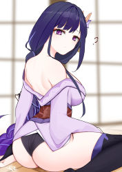 Rule 34 | 1girl, ?, absurdres, ass, bare shoulders, black panties, braid, breasts, from behind, genshin impact, hair ornament, highres, japanese clothes, large breasts, long hair, looking at viewer, mole, mole under eye, panties, purple eyes, purple hair, raiden shogun, sideboob, single braid, sitting, solo, thighhighs, underwear, wariza, yonzh1cc