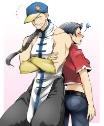 Rule 34 | 1boy, 1girl, ^ ^, ass, back-to-back, bad id, bad pixiv id, baseball cap, black hair, blush, bracer, braid, chinese clothes, closed eyes, couple, crop top, crossed arms, denim, closed eyes, grin, hair over shoulder, hat, height difference, hetero, houmei (street fighter), jeans, long hair, muscular, pants, pelvic curtain, short hair, single braid, sleeveless, smile, squiggle, street fighter, sweatdrop, takehana, yun lee