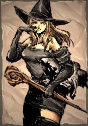 Rule 34 | artdink, bag, blonde hair, elbow gloves, gloves, grey eyes, hat, moto murabito, solo, staff, tactics ogre, thighhighs, traditional media, witch (tactics ogre), witch hat