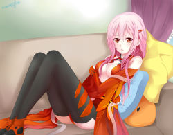 Rule 34 | 10s, 1girl, absurdres, black thighhighs, blush, breasts, center opening, cleavage, couch, elbow gloves, fingerless gloves, gloves, guilty crown, hair ornament, hairclip, highres, long hair, long legs, orange eyes, pillow, pink hair, qiuzhi huiyi, sitting, solo, thighhighs, yuzuriha inori