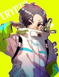 Rule 34 | 1boy, animification, apex legends, black eyes, black hair, character name, covered mouth, crypto (apex legends), drone, green background, hack (apex legends), hand in pocket, jacket, male focus, parted hair, repikinoko, signature, solo, twitter username, upper body, white jacket