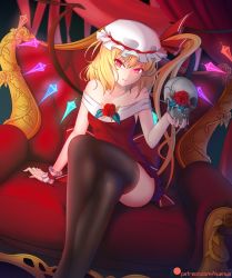 Rule 34 | &gt;:), 1girl, alternate costume, artist name, bare shoulders, black thighhighs, blonde hair, breasts, closed mouth, collarbone, crossed legs, crystal, curtains, dress, fang, fang out, feet out of frame, flandre scarlet, flower, frills, hat, hat ribbon, head tilt, highres, holding, indoors, long hair, looking at viewer, mob cap, nuenya, off-shoulder dress, off shoulder, one side up, paid reward available, red dress, red flower, red ribbon, red rose, revision, ribbon, rose, short dress, skull, small breasts, smile, solo, thighhighs, throne, touhou, v-shaped eyebrows, watermark, web address, white hat, wings, wrist cuffs