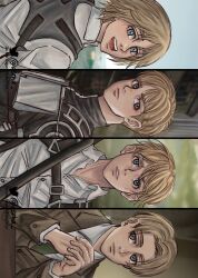 Rule 34 | 1boy, absurdres, aerha (erha), age progression, armin arlert, artist name, blonde hair, blue eyes, blurry, blurry background, commentary, english commentary, highres, looking at viewer, male focus, outdoors, own hands together, shingeki no kyojin, smile, solo, sweatdrop, teeth, twitter logo