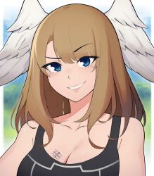 Rule 34 | 1girl, bare shoulders, blue eyes, blurry, blurry background, breast tattoo, breasts, brown hair, cleavage, collarbone, commentary request, depth of field, edmonmondo, eunie (xenoblade), feathered wings, head wings, highres, large breasts, long hair, looking at viewer, parted bangs, smile, solo, tattoo, upper body, white wings, wings, xenoblade chronicles (series), xenoblade chronicles 3
