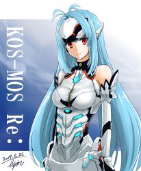 Rule 34 | 1girl, armored leotard, blue hair, breasts, character name, closed mouth, core crystal (xenoblade), dated, elbow gloves, gloves, hisin, kos-mos, kos-mos re:, leotard, long hair, looking at viewer, medium breasts, red eyes, signature, solo, very long hair, white gloves, white leotard, xenoblade chronicles (series), xenoblade chronicles 2, xenosaga