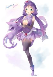 Rule 34 | 10s, 1girl, bare shoulders, blush, boots, bow, breasts, choker, cleavage, creatures (company), dress, earrings, espeon, female focus, full body, game freak, gen 2 pokemon, green eyes, headdress, hitsukuya, jewelry, long hair, looking at viewer, love live!, love live! school idol project, md5 mismatch, nintendo, off shoulder, pokemon, pokemon (creature), purple dress, purple hair, smile, solo, standing, thighhighs, tojo nozomi, twintails