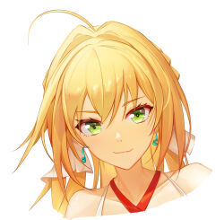 Rule 34 | 1girl, absurdres, ahoge, ar (3779609928), bow, braid, derivative work, earrings, fate/grand order, fate (series), french braid, green eyes, hair bow, hair intakes, highres, jewelry, looking at viewer, nero claudius (fate), nero claudius (fate) (all), nero claudius (swimsuit caster) (fate), simple background, smirk, solo, swimsuit, white background, white bow, wind