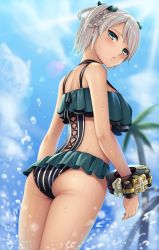 Rule 34 | 1girl, aqua eyes, aqua one-piece swimsuit, aqua ribbon, ass, bare shoulders, blue sky, blurry, blurry background, blush, braid, braided hair rings, casual one-piece swimsuit, ciel alencon, closed mouth, cloud, day, depth of field, dutch angle, from behind, from below, god eater, god eater 2: rage burst, hair ribbon, hair rings, highres, light rays, looking at viewer, looking back, looking down, one-piece swimsuit, outdoors, palm tree, ribbon, short hair, silver hair, sky, solo, striped clothes, striped one-piece swimsuit, sunbeam, sunlight, sweat, swept bangs, swimsuit, thighs, tree, two side up, vertical-striped clothes, vertical-striped one-piece swimsuit, watanuki kaname, water, water drop