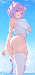Rule 34 | 1girl, animal ear fluff, animal ears, ass, bare shoulders, blush, breasts, cat ears, cat girl, cat tail, day, from below, grabbing own breast, hair between eyes, highleg, highres, hololive, large breasts, looking at viewer, nekomata okayu, one-piece swimsuit, open mouth, outdoors, purple eyes, purple hair, red o7, short hair, smile, solo, swimsuit, tail, thigh strap, thighhighs, thighs, two side up, virtual youtuber, white one-piece swimsuit, white thighhighs
