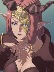 Rule 34 | 1girl, blue eyes, breasts, cleavage, fire emblem, fire emblem echoes: shadows of valentia, horns, jewelry, lipstick, long hair, makeup, mask, matsudo aya, nail polish, nintendo, nuibaba, open mouth, pink hair, pointy ears, portrait, ring, solo, very long fingernails