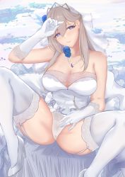 Rule 34 | 1girl, absurdres, anchor necklace, blue eyes, braid, breasts, bridal veil, dress, feather hair ornament, feathers, french braid, gloves, hair ornament, high heels, highres, hiroshi (2443303124), jewelry, large breasts, lexington (warship girls r), long hair, necklace, panties, platinum blonde hair, ring, smile, solo, spread legs, thighhighs, underwear, veil, warship girls r, wedding band, wedding dress, white dress, white footwear, white gloves, white panties, white thighhighs