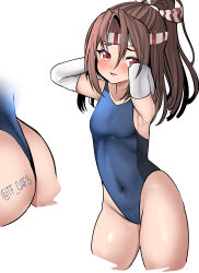 Rule 34 | 1girl, absurdres, arms behind head, ass, blue leotard, breasts, brown hair, cameltoe, commentary request, covered navel, cowboy shot, elbow gloves, gloves, hachimaki, head out of frame, headband, highres, kantai collection, leotard, long hair, multiple views, one-hour drawing challenge, one-piece thong, ponytail, red eyes, simple background, small breasts, tf cafe, thong leotard, twitter username, two-tone leotard, white background, white gloves, zuihou (kancolle)