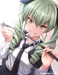Rule 34 | 10s, 1girl, 2016, anchovy (girls und panzer), backlighting, black necktie, blouse, bow, brown eyes, cape, dated, drill hair, dutch angle, girls und panzer, green hair, grin, hair bow, holding, holding riding crop, long hair, necktie, riding crop, school uniform, shamakho, shirt, simple background, smile, solo, twin drills, twitter username, white background, white shirt