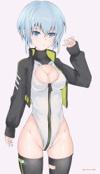 Rule 34 | 1girl, absurdres, alice gear aegis, black jacket, blue eyes, blue hair, booth babe, breasts, cleavage, cleavage cutout, clothing cutout, commentary request, cowboy shot, heattech leotard, highleg, highleg leotard, highres, jacket, leotard, looking at viewer, medium breasts, nina kalinina, over-kneehighs, rasen manga, short hair, simple background, solo, thighhighs, turtleneck, white background