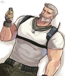 Rule 34 | 1boy, arm hair, beard, black gloves, blue eyes, brk 603, character request, dog tags, explosive, facial hair, fingerless gloves, gloves, grenade, highres, holding, holding grenade, looking at viewer, male focus, muscular, muscular male, mustache, shirt, signature, simple background, solo, white background, white hair, white shirt
