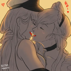 Rule 34 | 2girls, absurdres, artist name, azur lane, belfast (azur lane), blush, braid, breasts, chain, collar, collarbone, commentary, enterprise (azur lane), esteamanis, closed eyes, hand on another&#039;s head, happy, hat, heart, highres, imminent kiss, limited palette, long hair, maid headdress, medium breasts, multiple girls, open mouth, orange background, sailor hat, simple background, sketch, smile, teeth, upper body, upper teeth only, white hair, yuri