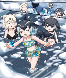 Rule 34 | &gt; &lt;, 2koma, 3girls, ^^^, adansosutega, animal ears, aqua hair, arms at sides, arms up, bear ears, bikini, black hair, blowhole, blue eyes, blue hair, blush, cetacean tail, choker, closed eyes, cold, collarbone, comic, common dolphin (kemono friends), day, dolphin girl, dorsal fin, extra ears, facing another, falling, fins, fish tail, flying sweatdrops, frilled bikini, frills, furry, furry male, grey hair, head fins, highres, ice, kemono friends, kemono friends 3, long hair, looking at another, medium hair, motion lines, multiple girls, narwhal (kemono friends), navel, o o, one eye closed, open mouth, outdoors, outstretched arms, parted bangs, partially submerged, polar bear (kemono friends), running, side ponytail, silent comic, smile, snowing, splashing, stomach, surprised, swimsuit, tail, tearing up, trembling, tripping, very long hair, wading, water, white hair, wind