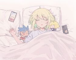 Rule 34 | 1boy, alternate costume, bed, bed sheet, blanket, blonde hair, cellphone, character doll, closed eyes, galo thymos, kome 1022, lio fotia, lying, male focus, on back, on bed, open mouth, phone, pillow, promare, purple eyes, short hair, sleeping, smartphone, solo, trap, under covers