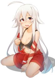 Rule 34 | 10s, 1girl, ahoge, arm ribbon, barefoot, belly, black shirt, breasts, chiya (urara meirochou), cleavage, clothes lift, full body, highres, large breasts, lifting own clothes, long hair, looking at viewer, navel, no bra, open mouth, red eyes, red ribbon, red skirt, ribbon, sash, shirt, shirt lift, silver hair, simple background, sitting, skirt, solo, tilt-shift (azalanz), urara meirochou, white background