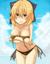 Rule 34 | 1girl, bad id, bad pixiv id, bare shoulders, bikini, blonde hair, blush, bow, breast hold, breast lift, breasts, brown eyes, cleavage, cloud, collarbone, colored eyelashes, crossed arms, day, female focus, hair bow, hati105, heart, kurodani yamame, large breasts, leaning forward, naughty face, navel, open mouth, outdoors, short hair, side-tie bikini bottom, sky, smile, solo, swimsuit, touhou, untied, yellow eyes