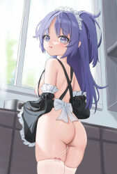 Rule 34 | 1girl, absurdres, alternate costume, alternate hairstyle, apron, ass, back, black apron, blue archive, blue eyes, blue hair, breasts, cooking, detached sleeves, dutch angle, embarrassed, frilled sleeves, frills, from behind, from below, half updo, highres, indoors, kitchen, long hair, looking at viewer, maid headdress, medium breasts, naked apron, nipples, open mouth, parted bangs, red pupils, sex toy, sheng taoren, solo, thighhighs, vibrator, vibrator cord, vibrator in thighhighs, wavy mouth, wide sleeves, window, yuuka (blue archive)