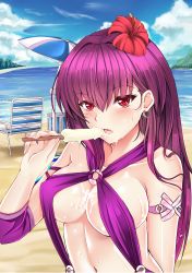 Rule 34 | 1girl, absurdres, bikini, blush, breasts, cleavage, covered erect nipples, criss-cross halter, cu chulainn (fate), cu chulainn (fate/stay night), dripping, fate/grand order, fate (series), flower, food, gu li, hair flower, hair ornament, halterneck, halterneck, highres, ice cream, large breasts, long hair, looking at viewer, melting, navel, o-ring, o-ring bikini, open mouth, phallic symbol, popsicle, purple hair, red eyes, saliva, saliva trail, scathach (fate), sexually suggestive, slingshot swimsuit, solo, suggestive fluid, swimsuit, underboob, very long hair
