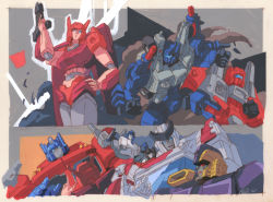 Rule 34 | 1girl, 6+boys, autobot, clenched hands, cog (transformers), decepticon, elita one, gun, hand on own hip, holding, holding gun, holding weapon, impactor (transformers), looking at viewer, looking down, marble-v, mecha, mirage (transformers), multiple boys, open hand, optimus prime, pointing, ratchet (transformers), red eyes, robot, sideswipe, sixgun, smoke, traditional media, transformers, transformers: war for cybertron trilogy, v-fin, visor, weapon