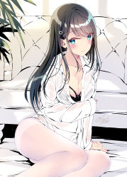 Rule 34 | 1girl, arm support, black bra, black hair, blue eyes, blush, bra, breast hold, breasts, cleavage, collarbone, couch, feet out of frame, flower, hair flower, hair ornament, highres, kobayashi chisato, long hair, looking at viewer, medium breasts, original, pantyhose, see-through, see-through shirt, shirt, sidelocks, sitting, sleeves past wrists, smile, solo, thighband pantyhose, unbuttoned, unbuttoned shirt, underwear, white pantyhose, white shirt