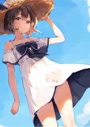 Rule 34 | 1girl, aruka, blue sky, brown eyes, brown hair, cloud, dress, hands on headwear, hat, headgear, highres, kantai collection, looking at viewer, outdoors, short hair, sky, smile, solo, spaghetti strap, straw hat, sun hat, sundress, thighs, white dress, yukikaze (kancolle)
