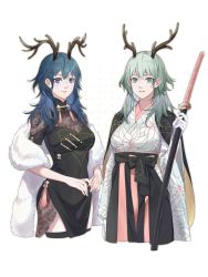 Rule 34 | 1girl, alternate costume, antlers, blue eyes, blue hair, byleth (female) (fire emblem), byleth (fire emblem), closed mouth, clovisxvii, dress, fire emblem, fire emblem: three houses, green eyes, green hair, highres, holding, holding sword, holding weapon, horns, japanese clothes, kimono, medium hair, multiple views, nintendo, parted lips, scabbard, sheath, sheathed, simple background, smile, sword, weapon, white background