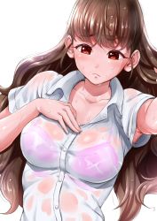 Rule 34 | 1girl, bra, bra visible through clothes, breasts, brown hair, closed mouth, collarbone, collared shirt, commentary request, dress shirt, hand on own chest, highres, hogey nk-2000, idolmaster, idolmaster cinderella girls, kamiya nao, large breasts, long hair, looking at viewer, outstretched arm, pink bra, red eyes, see-through, shirt, short sleeves, simple background, solo, sweat, underwear, wet, wet clothes, wet shirt, white background, wing collar