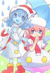 Rule 34 | 2girls, aqua hair, blue eyes, blue skin, blush stickers, colored skin, fairy wings, fish hat, frau (puyopuyo), green background, hair between eyes, hat, head tilt, holding, holding umbrella, long hair, long sleeves, looking at another, monster girl, multiple girls, open mouth, pink hair, pocket, pointy ears, puyopuyo, red footwear, red scarf, scarf, shirt, shoes, short sleeves, slime girl, smile, snowflake hat ornament, snowflakes, umbrella, undine (puyopuyo), water drop, white background, white headwear, white shirt, wings, xox xxxxxx